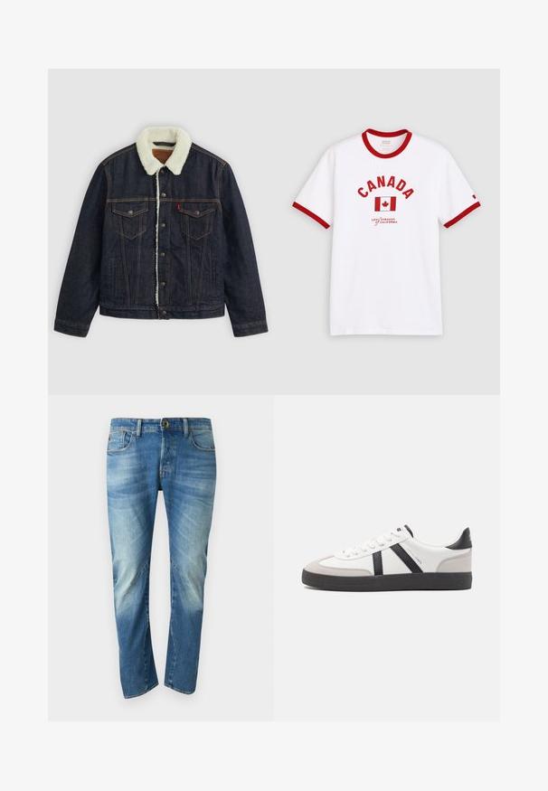 Donkerdenimjack met een witte nepbont kraag, twee borstzakken en gouden stiksels. Voorzien van knoopsluiting en een recht model.; Wit T-shirt met korte mouwen, rode kraag en mouwranden, met de tekst "CANADA", een rode esdoornbladvlag en Levi's-logo eronder.; Blauwe vervaagde rechte denimjeans met vijf zakken, knoopsluiting en zichtbare naaddetails aan de voorkant.; Witte sneaker met zwarte en grijze accenten, voorzien van een grijze neus met textuur, zwarte rubberen zool en platte witte veters. Schoon ontwerp, minimalistische stijl.