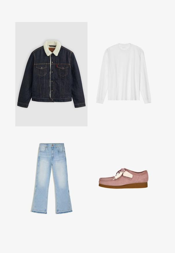 Mørk denimjakke med en hvid faux shearling krave, to brystlommer og guldsyninger. Har knaplukning og en lige pasform.; Hvid, langærmet t-shirt i bomuld med rund hals, med ribbede ærmeafslutninger og en lige kant, glat tekstur og minimalistisk design.; Lyseblå cowboybukser med høj talje, lige brede ben, forlommer og rå kantdetaljer.; Lyserød ruskindsko med rund tå, snøre-design og en cremefarvet accentmærke. Har en tan gummisål for ekstra greb.