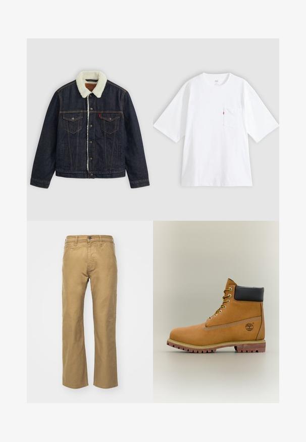 Dunkelblaue Jeansjacke mit einem weißen Kunstfellkragen, zwei Brusttaschen und goldenem Nähen. Verfügt über eine Knopfverschlüsse und eine gerade Passform.; Weißes Baumwoll-T-Shirt mit kurzen Ärmeln, rundem Ausschnitt und Brusttasche auf der linken Seite. Mit kleinem rotem Logotag an der Tasche.; Khakihosen aus Baumwolle. Gerader Schnitt mit einem Bund und Fronttaschen. Verfügt über eine einzelne Gesäßtasche und subtile Nähdetails.; Brauner Leder-Stiefelette mit schwarzem Kragen, gelben Schnürsenkeln und hellbrauner Sohle. Verfügt über ein Logo und weiße Ziernähe. Robuste Profilsohle.