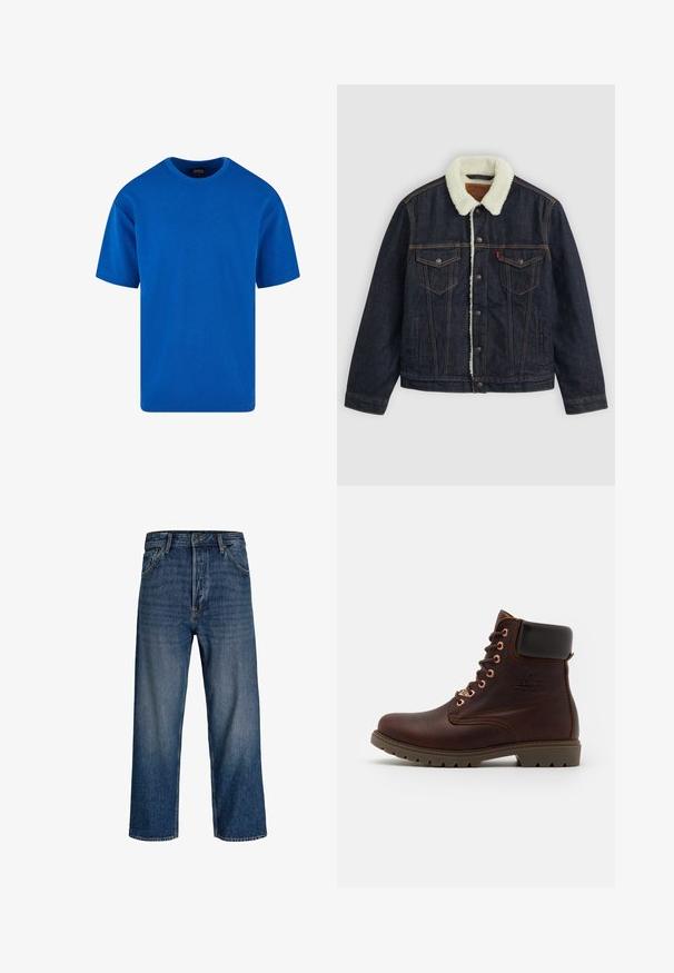 Chaqueta de mezclilla oscura con cuello de borreguito blanco, dos bolsillos en el pecho y costuras doradas. Cuenta con cierre de botón y un corte recto.; Camiseta azul de mangas cortas hecha de algodón, con un cuello redondo clásico y un corte relajado. Textura suave sin patrones ni acentos visibles.; Vaqueros de mezclilla con un diseño de pierna recta, color azul oscuro y un ligero desvanecimiento. Cuenta con cinco bolsillos y un cierre de botón.; Bota de cuero marrón oscuro hasta el tobillo con cuello negro acolchado, cordones en la parte delantera y suela de goma resistente, vista lateral sobre fondo blanco.