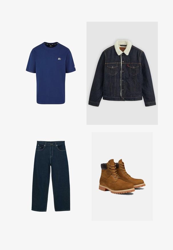 Donkerdenimjack met een witte nepbont kraag, twee borstzakken en gouden stiksels. Voorzien van knoopsluiting en een recht model.; Marineblauwe t-shirt van katoen; korte mouwen; ronde hals; voorzien van een klein logo op de linkerborst en een accent op de mouw.; Donkerblauwe spijkerbroek met een relaxte pasvorm, voorzien van vijf zakken, gouden stiksels en een knoopsluiting bij de taille.; Bruine suède enkellaarsjes met een gevoerde zwarte kraag, gouden oogjes en een dikke rubberen zool met een profielpatroon voor grip.