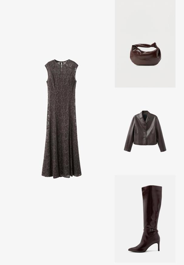 Veste en cuir marron coupée, avec col, fermeture à boutons sur le devant, et deux poches plaquées, présentant une texture lisse et brillante.; Robe longue sans manches en dentelle marron foncé avec motif floral et fermeture à bouton en forme de goutte à l’arrière du col.; Anna Field by Zalando Bottes - bordeaux; Sac bandoulière en cuir marron foncé avec une forme souple et décontractée et une anse nouée torsadée sur un fond blanc uni.