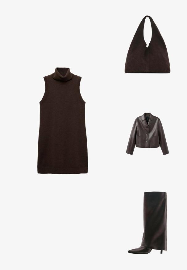 Brun læder cropped jakke med krave, forreste knaplukning og to påsyede lommer, med en glat, skinnende tekstur.; Brun ærmeløs turtleneck kjole lavet af blødt materiale, med en høj krave og en figursyet silhuet, samt ribbede kanter ved halsen og kanten.; Høj sort læderstøvle med spids tå og slank mellemhøj hæl på hvid baggrund.; Blød mørkebrun trekantet skuldertaske med ét bredt håndtag øverst og en glat overfladestruktur.