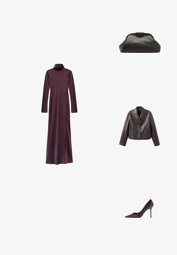 Bruine leren cropped jas met kraag, knoopsluiting aan de voorkant en twee opgestikte zakken, met een gladde, glanzende textuur.; Langshemd, turtleneck jurk in diep bordeauxrood, gemaakt van een gladde stof. Heeft een rechte silhouet en reikt tot halverwege het onderbeen. Geen zichtbare patronen.; Donkerbruine glanzende pump met hoge hak, puntige neus en dunne naaldhak, zijaanzicht tegen een witte achtergrond.; Zachte zwarte leren clutch met een afgerond frame en een kleine lipsluiting bovenin het midden.