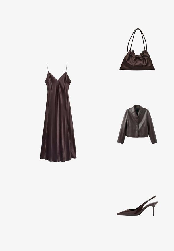 Bruine leren cropped jas met kraag, knoopsluiting aan de voorkant en twee opgestikte zakken, met een gladde, glanzende textuur.; Chocoladebruine slipdress van satijn met een V-hals, dunne bandjes en een vloeiende zoom die halverwege de kuit valt. Soepele textuur en minimalistisch ontwerp.; Bruine gepolijste leren slingback hakken met een spitse neus, slanke hak en verstelbare gespband. Gladde textuur en glanzende afwerking.; Zachte donkerbruine leren handtas met een slungelige vorm en twee dunne schouderbandjes tegen een witte achtergrond.