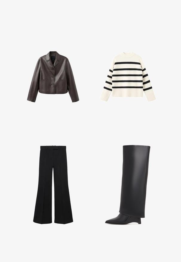 Brun læder cropped jakke med krave, forreste knaplukning og to påsyede lommer, med en glat, skinnende tekstur.; Flødefarvet sweater med brede sorte striber, ribbet kant og ærmer, rund halsudskæring og løs pasform, lavet af et blødt strikket materiale.; Sorte bredbenede bukser med høj talje, struktureret design og forreste indsnit. Fremstillet af et glat stof med en diskret taljebånd og bæltesløjfer.; Sort knælang støvle lavet af glat læder, med spids tå og trekantet hæl. Designet med en strømlinet, glat overdel.