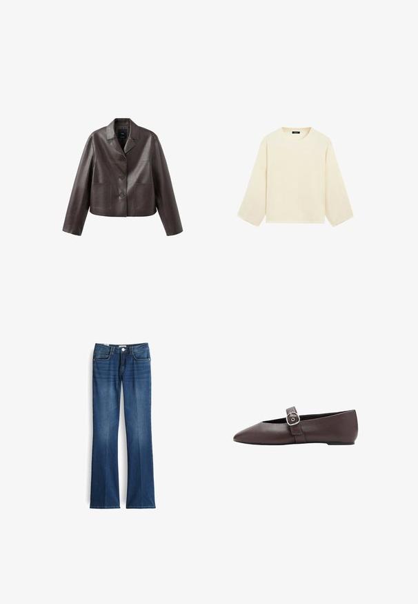 Bruine leren cropped jas met kraag, knoopsluiting aan de voorkant en twee opgestikte zakken, met een gladde, glanzende textuur.; Crèmekleurige lange mouwen gebreide trui met een ronde hals en een iets losse pasvorm, weergegeven op een witte achtergrond.; Geweide blauwe denim jeans met een middelhoge taille, vijf zakken en een frontale knoopsluiting. De stof vertoont lichte vervaging voor een textuur.; Bruine platte schoen met puntige neus, een zilveren gespsluiting over de wreef, gladde leren textuur en een lage hak.