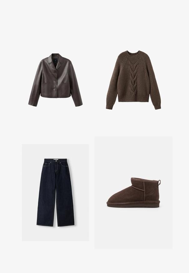 Bruine leren cropped jas met kraag, knoopsluiting aan de voorkant en twee opgestikte zakken, met een gladde, glanzende textuur.; Bruin gebreid sweater met een ronde halslijn, lange mouwen en een kabelbrei ontwerp dat over de voorkant loopt. Geribbelde zoom en manchetten.; Donkerblauwe denim wijduitlopende jeans met een hoge taille, vijf zakken, contrasterende stiksels en zilveren metalen hardware. Gladde textuur en een nette afwerking.; Bianco BIASNOW - Enkelkaarsjes - dark brown