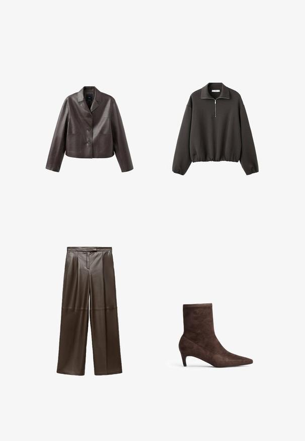 Brun læder cropped jakke med krave, forreste knaplukning og to påsyede lommer, med en glat, skinnende tekstur.; Mørkegrå sweatshirt med høj krave, kort lynlås foran og elastisk kant. Blødt stof med en afslappet, løs pasform.; Brune læder brede bukser med en glat tekstur, der har folder foran og et klassisk taljebånddesign.; Brune ruskindsankelboot med spids tå og slank hæl. Har en glat overflade og et højt skaftdesign.