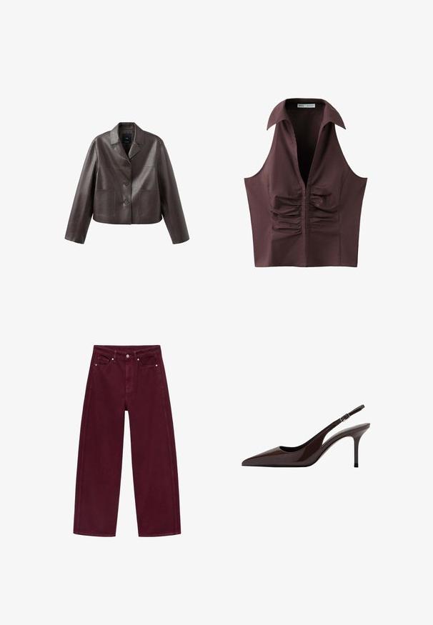 Bruine leren cropped jas met kraag, knoopsluiting aan de voorkant en twee opgestikte zakken, met een gladde, glanzende textuur.; Mouwloze donkerbruine blouse met diepe V-hals, brede kraag en geplooid gerimpeld detail aan de voorkant in het midden.; Bordeaux wijde jeans van denim, met een vier-pocket ontwerp en metalen knoopsluiting met bijpassende stiksels.; Bruine gepolijste leren slingback hakken met een spitse neus, slanke hak en verstelbare gespband. Gladde textuur en glanzende afwerking.