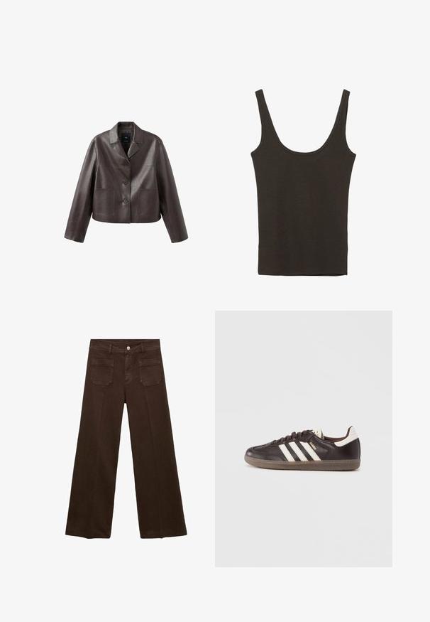 Bruine leren cropped jas met kraag, knoopsluiting aan de voorkant en twee opgestikte zakken, met een gladde, glanzende textuur.; Donkerbruin mouwloos tanktop met brede schouderbanden en een ronde hals, plat uitgevouwen op een witte achtergrond.; Bruine wijde jeans van denim, met een hoge taille, twee achterzakken en een voor knoopsluiting. Gladde textuur, rechte pasvorm.; Donkerbruine leren sneakers met een wit drie-strepen ontwerp, een rubberen zool en "Samba" in gouden letters aan de zijkant. Klassieke lage schoenvorm.
