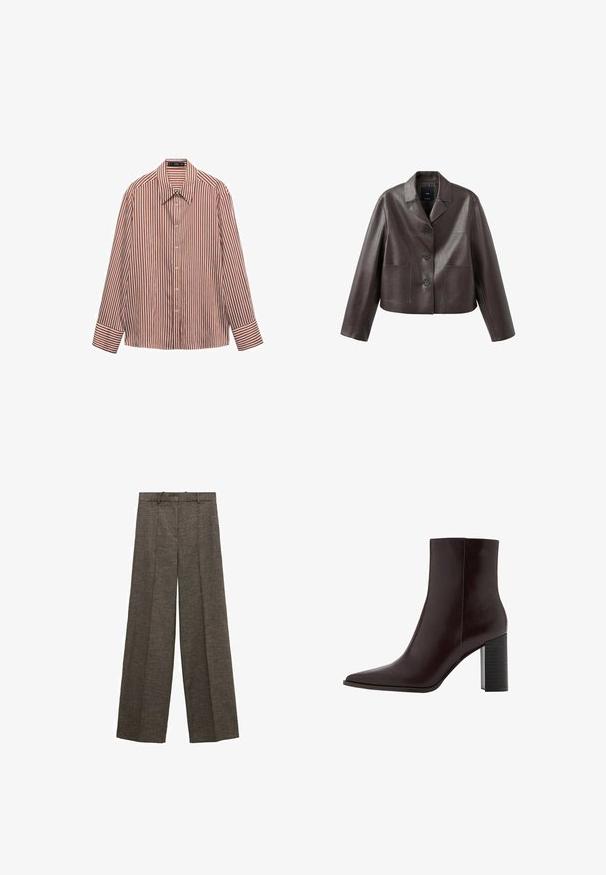 Veste en cuir marron coupée, avec col, fermeture à boutons sur le devant, et deux poches plaquées, présentant une texture lisse et brillante.; Chemise à manches longues avec un motif de rayures verticales rouges et blanches, fabriquée en tissu léger, dotée d'un col classique et de poignets.; Pantalon large marron avec plis à l'avant, passants de ceinture et tissu texturé.; Botte de cheville en cuir marron avec un bout pointu, un talon bloc haut et une texture lisse. Présente des coutures minimales et un design épuré.