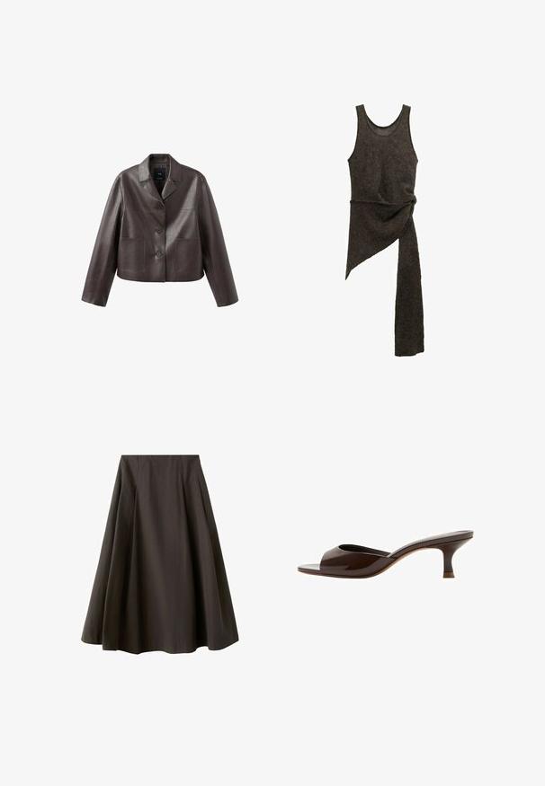 Veste en cuir marron coupée, avec col, fermeture à boutons sur le devant, et deux poches plaquées, présentant une texture lisse et brillante.; Robe en tricot asymétrique sans manches de couleur marron foncé, avec un détail de taille torsadée et une longue extension de tissu suspendue d'un côté.; Jupe noire trapèze à taille haute avec ourlet évasé, fabriquée en tissu lisse, présentée sur fond blanc.; Mule marron à bout ouvert avec petit talon bas en forme de kitten et finition brillante, vue de profil sur fond blanc.