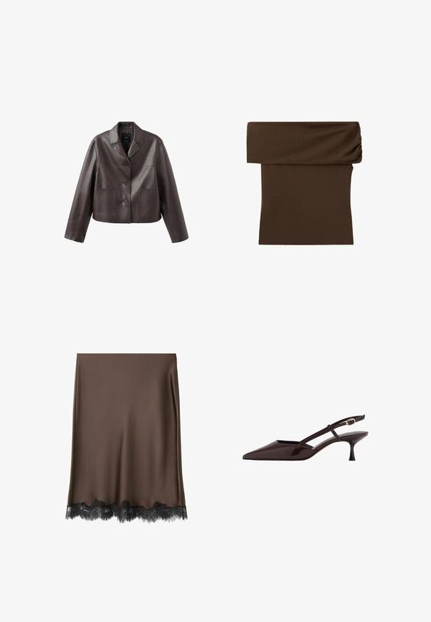 Veste en cuir marron coupée, avec col, fermeture à boutons sur le devant, et deux poches plaquées, présentant une texture lisse et brillante.; Jupe tube en maille marron foncé avec une large ceinture pliée et une texture lisse.; Jupe en satin marron avec un bord en dentelle noire à l'ourlet. Le tissu est lisse et la coupe est droite, longueur jusqu'au genou.; Escarpin slingback en cuir verni marron foncé avec un bout pointu, un petit talon kitten et une sangle ajustable avec boucle dorée.