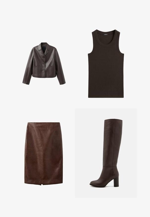Veste en cuir marron coupée, avec col, fermeture à boutons sur le devant, et deux poches plaquées, présentant une texture lisse et brillante.; Débardeur sans manches en maille côtelée marron foncé avec encolure ronde, étiquette de la marque à l'intérieur du col, design uni.; Jupe crayon en cuir synthétique marron foncé façon crocodile avec une petite fente avant à l'ourlet, longueur genou, sans fermetures apparentes ni ornements.; Botte en cuir marron à hauteur de genou avec un talon large, texture lisse, bout arrondi et détails de couture minimaux.
