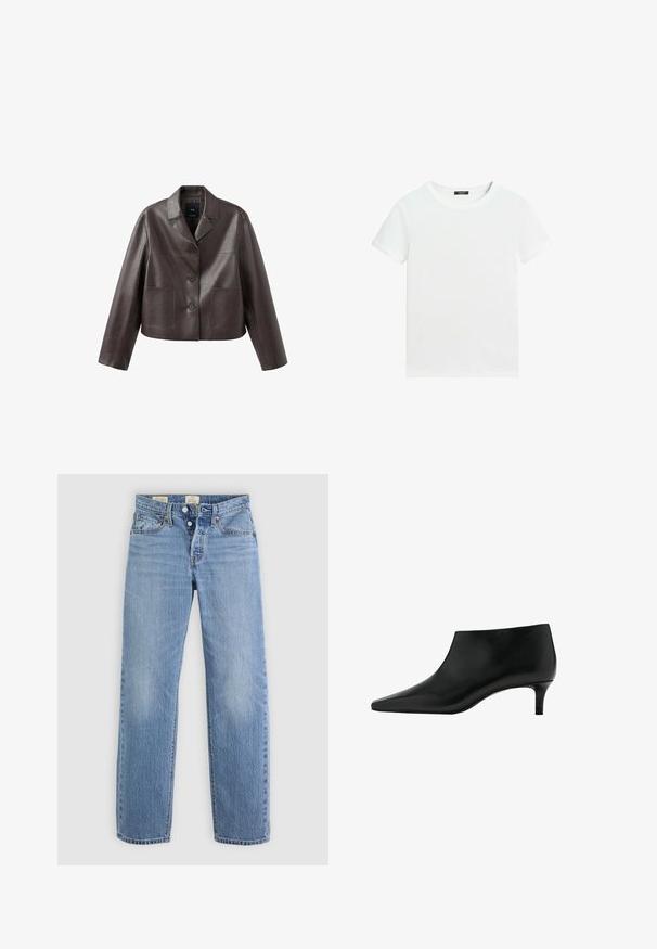 Braune, kurze Lederjacke mit Kragen, vorderer Knopfleiste und zwei aufgesetzten Taschen, mit einer glatten, glänzenden Textur.; Schlichtes weißes T-Shirt mit kurzen Ärmeln, rundem Halsausschnitt und einem kleinen schwarzen Etikett innen am Kragen.; Helle blaue Denim-Jeans mit geradem Bein, Metallknopfverschluss, vorderen Taschen und dezenten Verwaschungen.; Schwarzer Leder-Stiefelette mit spitz zulaufender Zehenpartie und niedrigem Kitten-Heel, entworfen für eleganten und formellen Gebrauch.