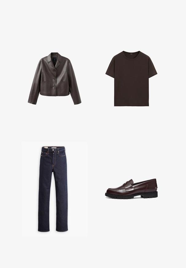 Brun læder cropped jakke med krave, forreste knaplukning og to påsyede lommer, med en glat, skinnende tekstur.; Ensfarvet mørkebrun t-shirt med korte ærmer og rund hals, uden synlige mønstre eller logoer, vist fladt på hvid baggrund.; Mørkeblå straight-leg denim jeans med fem lommer og synlig orange syning på hvid baggrund.; Timberland Loafers - burgundy