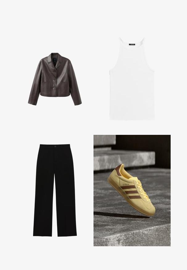 Veste en cuir marron coupée, avec col, fermeture à boutons sur le devant, et deux poches plaquées, présentant une texture lisse et brillante.; Débardeur blanc sans manches avec fines bretelles et col haut, posé à plat sur un fond blanc.; Pantalons noirs, taille haute, à jambes larges, fabriqués dans un tissu lisse, avec une taille plate, une fermeture à bouton et sans poches visibles.; Baskets Adidas Gazelle jaunes avec des rayures marron et détail au talon, flottant au-dessus d'une surface en béton gris avec des marches en arrière-plan.