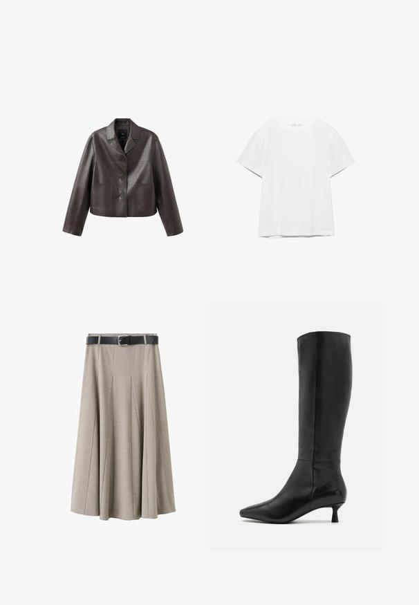Brun læder cropped jakke med krave, forreste knaplukning og to påsyede lommer, med en glat, skinnende tekstur.; Hvid, kortærmet T-shirt med rund hals og lige kant, vist på en hvid baggrund.; Beige plisseret nederdel lavet af blødt stof, med et sort bælte med sølvspænde. Nederdelen har et flagrende design og er i midterlang længde.; Zign by Zalando Høje støvler/ Støvler - black
