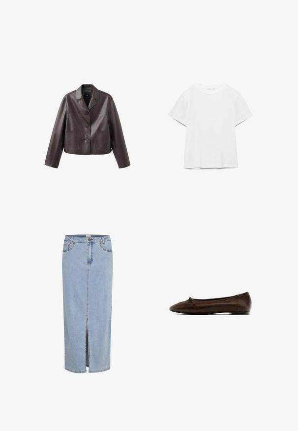 Bruine leren cropped jas met kraag, knoopsluiting aan de voorkant en twee opgestikte zakken, met een gladde, glanzende textuur.; Effen wit T-shirt met korte mouwen en ronde hals, met een rechte zoom, gepresenteerd tegen een witte achtergrond.; Lichtblauwe spijkerrok, knie-lang, met een split aan de voorkant, riemlussen en metalen knoopsluiting met contrasterende stiksels.; Bruine leren ballerina met een ronde neus, een subtiel strikdetail aan de voorkant en een lage, dunne zool. Gladde textuur met een subtiele glans.