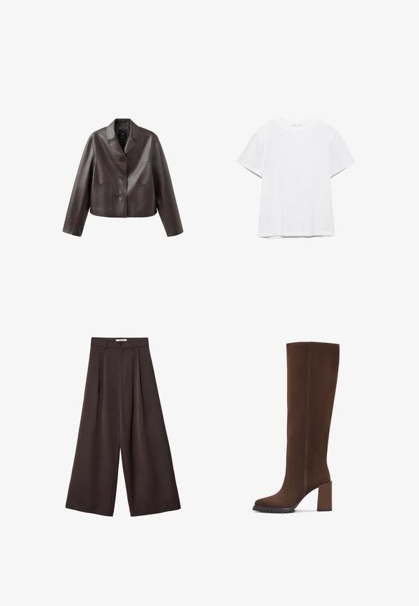 Brun læder cropped jakke med krave, forreste knaplukning og to påsyede lommer, med en glat, skinnende tekstur.; Hvid, kortærmet T-shirt med rund hals og lige kant, vist på en hvid baggrund.; Bukser med vidde i mørkebrun stof, med plisseringer, knaplukning og en glat tekstur; ankel-længde med et skræddersyet design.; Brune knæhøje støvler lavet af blødt stof, med firkantet tå, blokhæl og en tekstureret gummisål. Rene linjer uden udsmykning.