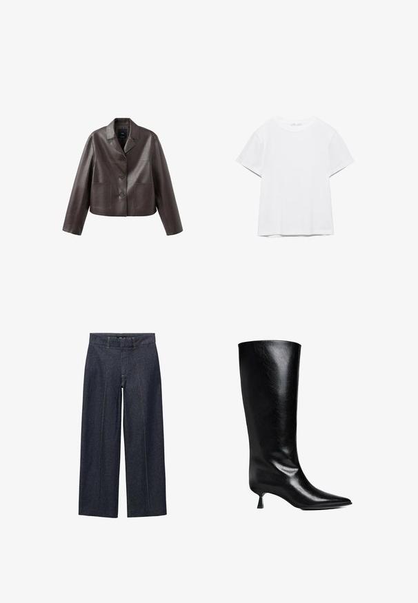 Bruine leren cropped jas met kraag, knoopsluiting aan de voorkant en twee opgestikte zakken, met een gladde, glanzende textuur.; Effen wit T-shirt met korte mouwen en ronde hals, met een rechte zoom, gepresenteerd tegen een witte achtergrond.; Donkerblauwe denim wijde broek met voornaad en een standaard tailleband. Voorzien van oranje stiksel en een cropped lengte.; Zwarte leren laars tot de knie met een puntige neus, slank silhouet en een lage blokhak met een glanzende afwerking.