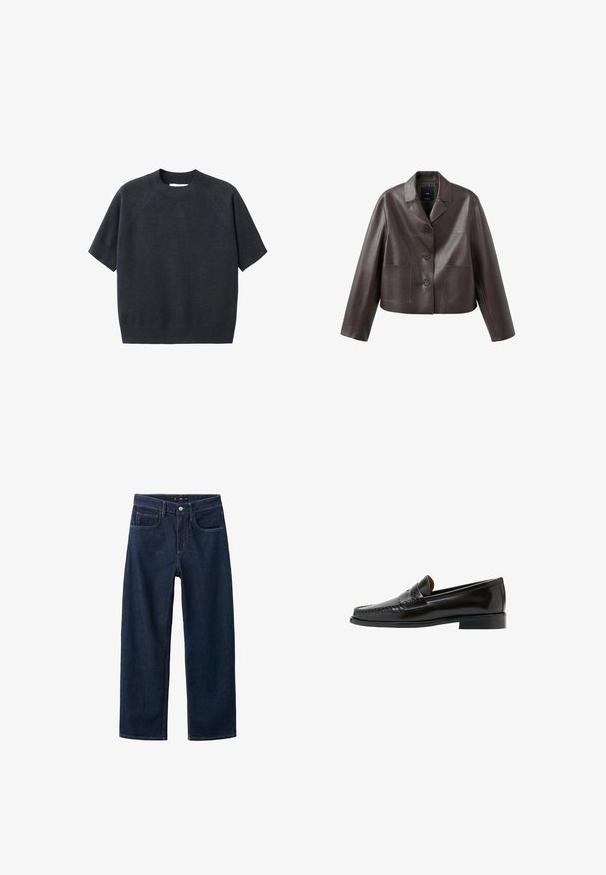 Veste en cuir marron coupée, avec col, fermeture à boutons sur le devant, et deux poches plaquées, présentant une texture lisse et brillante.; Pull tricot coupe courte gris foncé à manches courtes avec col rond, présentant une coupe ample et des manches raglan, fabriqué à partir d'un tissu doux et texturé.; Jeans en denim bleu foncé avec une coupe droite, affichant un style classique à cinq poches, des coutures visibles et une fermeture à bouton à la taille.; Mocassin penny en cuir noir avec talon bas et détails cousus, présenté de côté sur un fond blanc.