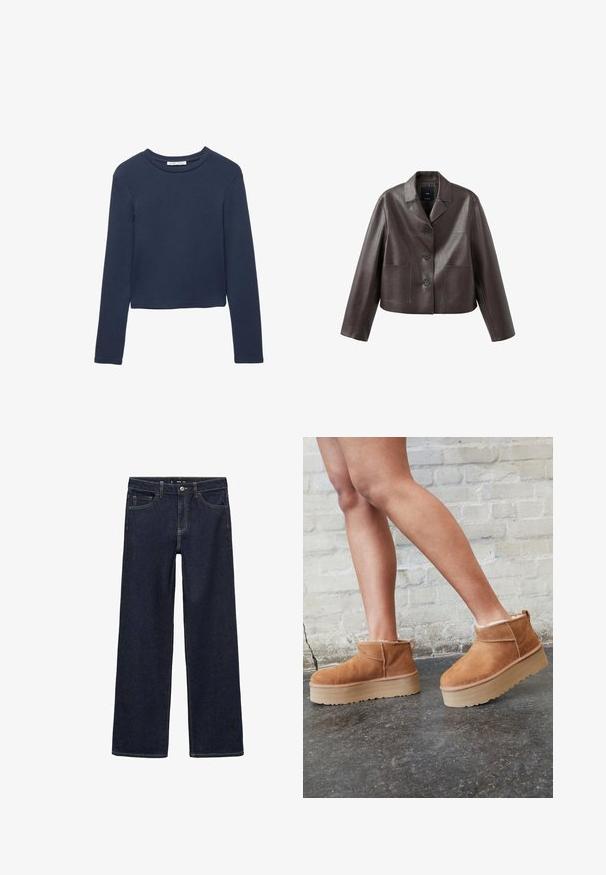 Bruine leren cropped jas met kraag, knoopsluiting aan de voorkant en twee opgestikte zakken, met een gladde, glanzende textuur.; Donkerblauw langemouwen cropped shirt met ronde hals, plat weergegeven op een witte achtergrond.; Donker gewassen denim jeans met een ontspannen pasvorm. Heeft een hoge taille, vijf zakken en contrasterende stiksels. Rechtermode ontwerp, geen versieringen.; Bruine suède enkelboots met een zachte voering, dikke beige plateauzool en een achterste lus. Getextureerde oppervlakte met zichtbare stiksels.