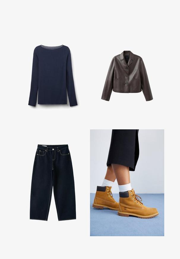 Brun læder cropped jakke med krave, forreste knaplukning og to påsyede lommer, med en glat, skinnende tekstur.; Langærmet marineblå top lavet af blød stof, med en rund halsudskæring og en afslappet pasform. Kantene på kanten og ærmerne er pænt afsluttet.; Mørkeblå jeans med brede ben og høj talje, foran knap, lynlås og fem lommer med synlige sømme.; Tan ruskindsankelstøvler med brune læderdetaljer, guldøjer og en struktureret sål. Hvide sokker synlige over støvlerne.