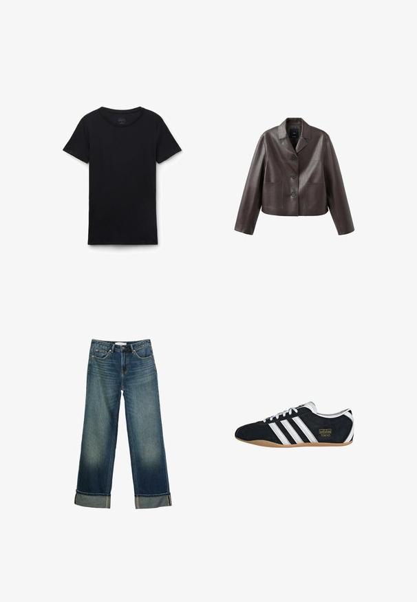 Brun læder cropped jakke med krave, forreste knaplukning og to påsyede lommer, med en glat, skinnende tekstur.; Sort t-shirt med korte ærmer og rund hals lagt fladt på hvid baggrund, der viser forfra og glat stoftekstur.; Blå falmede viddejeans med opbukket kant, frontknap og lynlåslukning samt fem-lomme-design.; Sort ruskinds sneaker med hvide tre striber, guldlogo og en brun gummisål. Har et lavprofil snørebåndsdesign.