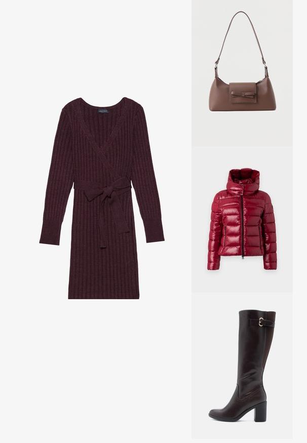 Veste rembourrée rouge avec un col haut et une finition brillante. Comprend une fermeture éclair à l'avant et des poches, un rembourrage couturé, et un détail de logo sur la manche.; Robe portefeuille côtelée bordeaux à manches longues, décolleté en V et ceinture assortie à la taille. Texture douce avec un motif vertical.; Botte en cuir marron montant jusqu'au genou, avec un bout carré, un talon bloc épais et un panneau latéral élastique. Dotée d'une boucle décorative en haut.; Sac à bandoulière en cuir marron avec une poche à rabat avant ornée d'un détail en forme de nœud cousu et une sangle réglable.