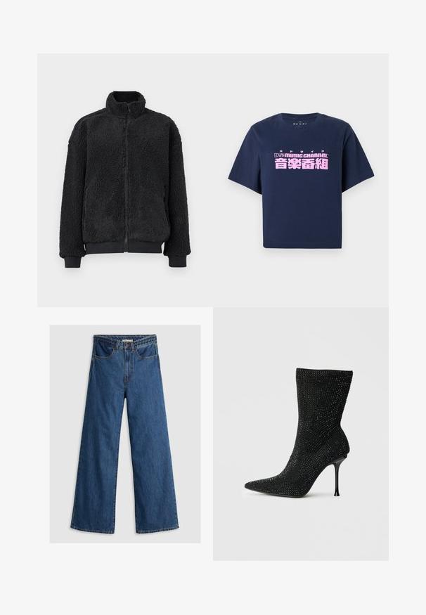 Zwarte fleece jas met een hoge kraag, ritssluiting en geribde manchetten. De textuur is zacht en pluizig, met een ontwerp in een relaxte pasvorm.; Donkerblauw T-shirt met korte mouwen, met roze tekst "EDWIN MUSIC CHANNEL" en Japanse karakters gecentreerd op de voorkant.; Wijde blauwe denim jeans met een hoge taille, voorzien van een klassiek vijf-pocket ontwerp en een gestructureerde tailleband.; Zwarte hooggehakte laars met een spitse neus, bedekt met glinsterende rhinestones, met een rekbare breisel schacht en een slanke stilettohak.