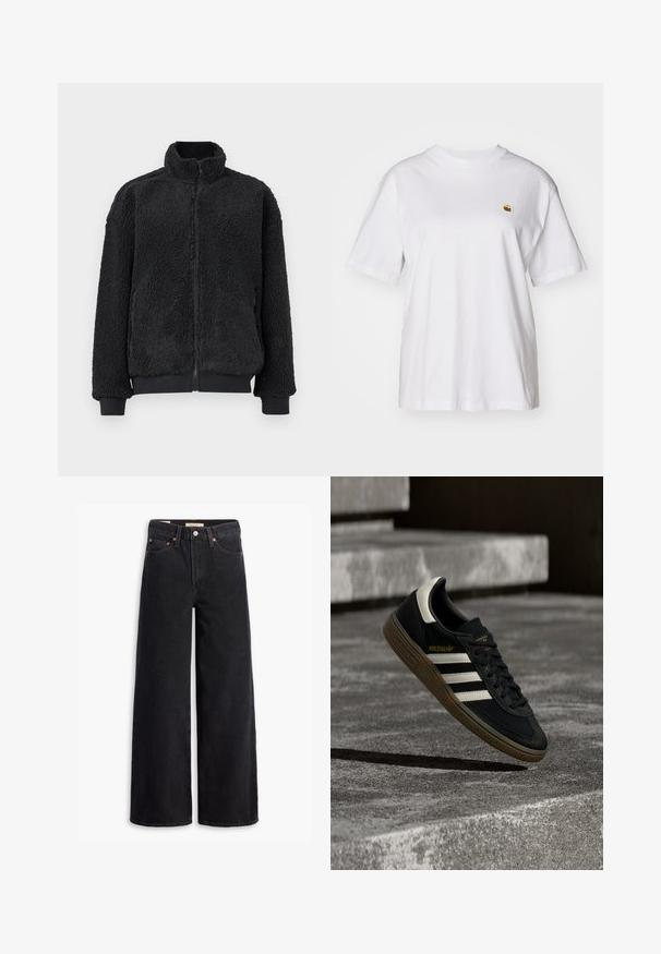 Zwarte fleece jas met een hoge kraag, ritssluiting en geribde manchetten. De textuur is zacht en pluizig, met een ontwerp in een relaxte pasvorm.; Witte katoenen t-shirt met een relaxte pasvorm, korte mouwen en een klein geborduurd logo op de linkerborst.; Zwarte brede jeans gemaakt van denim, met vijf zakken, koperen klinknagels en een klassieke knoopsluiting. Glad van textuur met een strakke uitstraling.; Zwarte Adidas sneaker met witte strepen en gumzool die boven grijze betonnen trappen zweeft in natuurlijk licht.