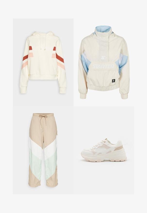 Lyscremefarvet og blå hættepullover jakke med elastiske manchetter. Har en stor frontlomme og "STARTER" logo i hvid. Glat stoftekstur.; Cremefarvet hættetrøje med snore og røde, pink og hvide diagonale striber på de øverste ærmer og brystet.; Letvægtige, farveblokerede bukser har beige, hvid og lys grønne paneler i et chevron-design. Elastisk talje med justerbar snørelukning.; Hvide og lyserøde sneakers med en chunky sål, tekstureret stof, glatte læderdetaljer og dekorative stikninger.