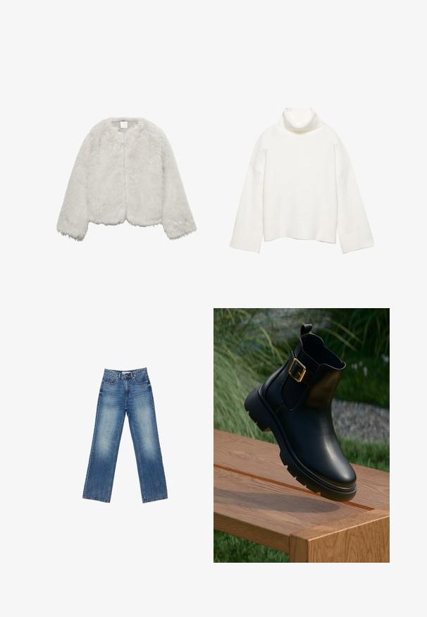 Veste en fausse fourrure grise avec un col rond, des manches longues et une coupe courte. Texture douce avec une finition pelucheuse. Aucune fermeture visible.; Pull à col roulé blanc en tissu doux, présentant une coupe décontractée, des épaules tombantes et des poignets et un ourlet larges côtelés.; Jean en denim bleu à jambes larges avec une finition délavée, cinq poches, couture visible, fermeture à boutons et à glissière, et coupe droite.; Botte de cheville en cuir noir avec une finition brillante, détail de boucle dorée et semelle robuste. Position surélevée sur une surface en bois.