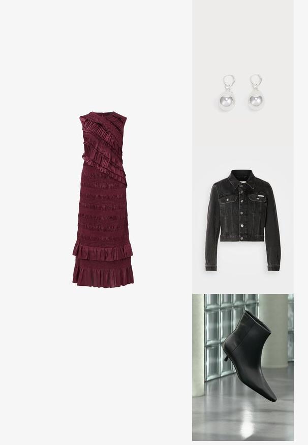 Chaqueta de mezclilla negra corta con cierre de botones, dos bolsillos en el pecho y cuello puntiagudo. Presenta herrajes en tono plateado y una textura desgastada.; Vestido sin mangas burdeos con volantes en capas y textura fruncida, que presenta un corsé ajustado y un dobladillo acampanado.; Botín negro de cuero con punta puntiaguda y tacón bajo estilo kitten, mostrado en ángulo sobre un suelo pulido y con una pared de bloques de vidrio de fondo.; Pendientes de plata en forma de gota con superficies redondas y reflectantes colgando de cierres de palanca. El fondo es blanco liso.