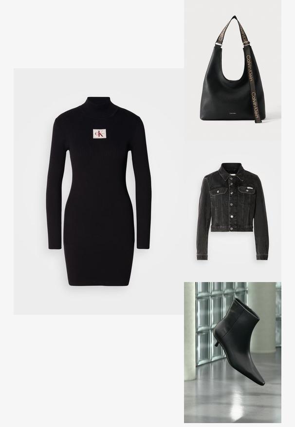 Zwarte cropped denimjacket met knoopsluiting, twee borstzakken en puntige kraag. Heeft rigide zilverkleurige accenten en een vervaagde textuur.; Zwarte geribbelde lange jurk met hoge kraag en een rechthoekige Calvin Klein logo patch aan de voorkant. Eenvoudig, aansluitend ontwerp.; Zwarte leren enkellaars met spits toelopende neus en lage kittenhak, schuin weergegeven tegen een gepolijste vloer en een glazen blokken muur als achtergrond.; Zwarte Calvin Klein leren schoudertas met brede verstelbare band met herhaald Calvin Klein-logo in beige.