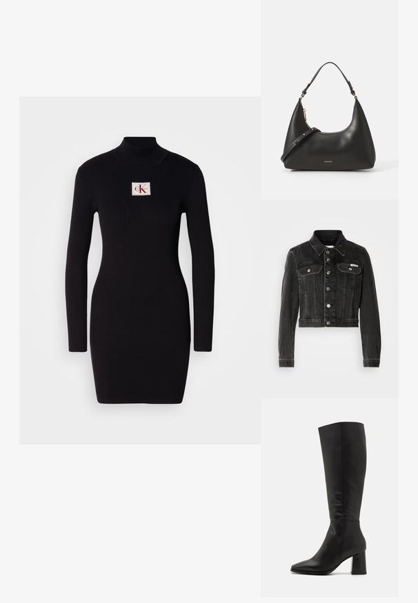Zwarte cropped denimjacket met knoopsluiting, twee borstzakken en puntige kraag. Heeft rigide zilverkleurige accenten en een vervaagde textuur.; Zwarte geribbelde lange jurk met hoge kraag en een rechthoekige Calvin Klein logo patch aan de voorkant. Eenvoudig, aansluitend ontwerp.; Zwarte laarzen tot de knie, gemaakt van soepel leer. Kenmerken een spitse neus en een robuuste, gestructureerde blokhak. Minimale stikdetails.; Zwarte leren hobo-tas met een gebogen structuur, gouden rits en verstelbare schouderband. Voorzien van een reliëflogo aan de voorkant. Gladde textuur.