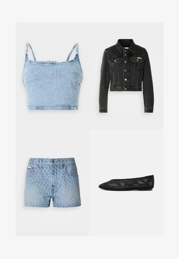 Sort cropped denimjakke med knaplukning, to brystlommer og spids krave. Har sølvfarvet hardware og en falmet tekstur.; Lysblå denim crop top med tynde justerbare stropper, der har en frontlynlås og en glat tekstur, designet til en tætsiddende pasform.; Denimshorts i lyseblå med et tekstureret, gentagende mønster. Har en knaplukning og et rødt mærke på venstre lomme.; Sort mesh flad sko med lukket tå og lav hæl, med åndbar vævet design og diskret side-logo.