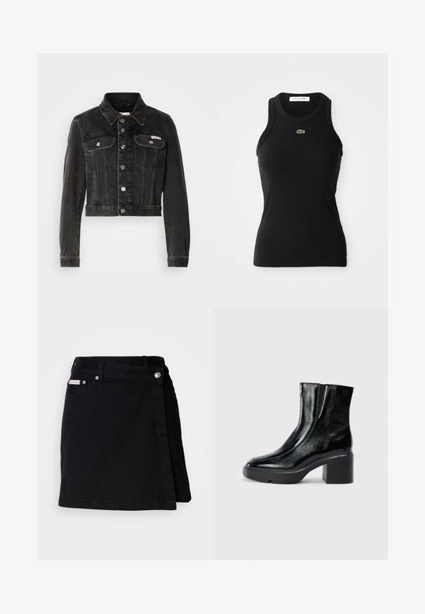 Sort cropped denimjakke med knaplukning, to brystlommer og spids krave. Har sølvfarvet hardware og en falmet tekstur.; Sort ærmeløs ribbet tanktop med rund hals og en lille grøn Lacoste krokodille-logo centralt under halsudskæringen.; Sort denim mini nederdel med et omslag design, der har en front knappelukning, subtile syninger og et lille mærke ved taljen.; Sorte patenterede læderankelstøvler med en buet tå, elastiske sidepaneler og en kraftig blokhæl. Har et præget logo på bagsiden.