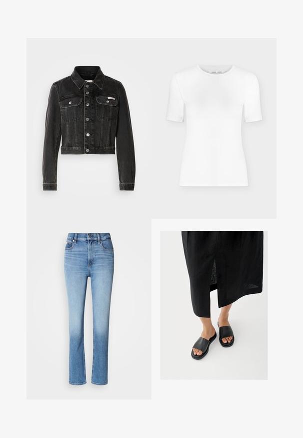 Chaqueta de mezclilla negra corta con cierre de botones, dos bolsillos en el pecho y cuello puntiagudo. Presenta herrajes en tono plateado y una textura desgastada.; Camiseta blanca de manga corta con cuello redondo, ajuste slim y textura de tejido acanalado, mostrada sobre un fondo liso gris claro.; Vaqueros de mezclilla azul con cintura alta, diseño de pierna recta, degradado de color desgastado y estilo de cinco bolsillos. Cierre de botón metálico y cremallera.; Sandalias negras tipo slide con una tira ancha, suela plana y diseño minimalista. El material parece liso con un acabado mate.