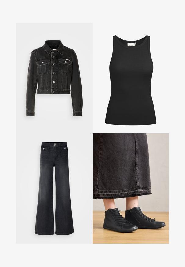 Sort cropped denimjakke med knaplukning, to brystlommer og spids krave. Har sølvfarvet hardware og en falmet tekstur.; Sort tanktop lavet af ribbet materiale, med en scooped halsudskæring og en tætsiddende form. Flade sømme og ingen udsmykninger. Enkel og strømlinet design.; Sorte denim brede ben jeans med høj talje, forknapper og to forlommer; glat tekstur med en let falmet finish.; Sorte læder høje sko med en glat overflade, der har snørebånd og en sidezipper. Båret med en lang sort denimnederdel.