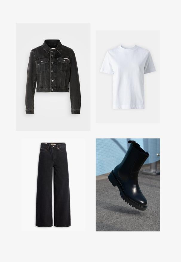 Zwarte cropped denimjacket met knoopsluiting, twee borstzakken en puntige kraag. Heeft rigide zilverkleurige accenten en een vervaagde textuur.; Witte katoen t-shirt met een ronde hals, korte mouwen, een rechte snit en een gladde textuur. Geen patronen of versieringen.; Zwarte brede jeans gemaakt van denim, met vijf zakken, koperen klinknagels en een klassieke knoopsluiting. Glad van textuur met een strakke uitstraling.; Zwarte leren enkellaars met elastische zijpanelen, een afgeronde neus en een dikke, gestructureerde zool. Gladde afwerking met een minimalistisch design.