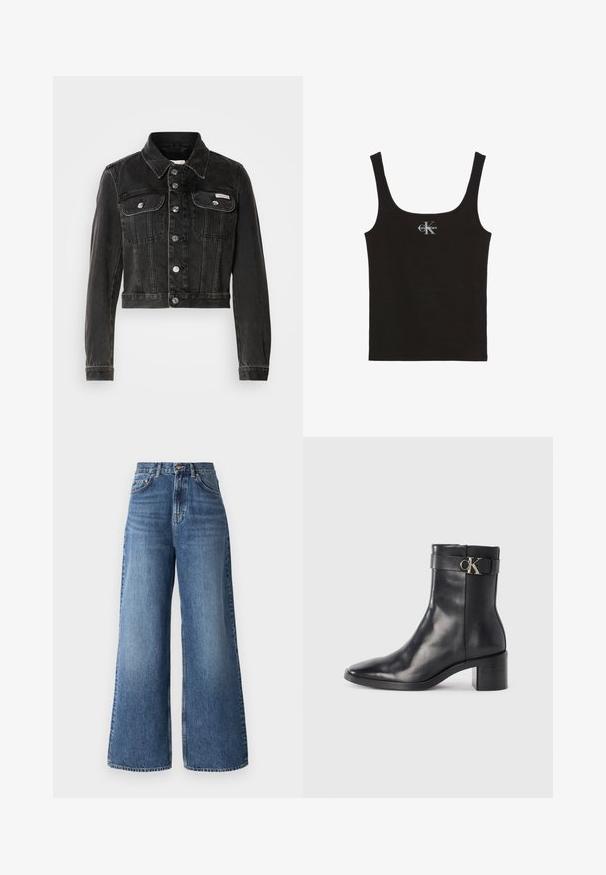 Schwarze, verkürzte Jeansjacke mit Knopfleiste, zwei Brusttaschen und spitzem Kragen. Verfügt über eine silberfarbene Hardware und eine verblasste Textur.; Schwarzes Baumwoll-Top mit runder Ausschnitt und breiten Schulterträgern. Auf der Vorderseite befindet sich ein kleines gedrucktes "Calvin Klein"-Logo.; Hochtaillierte, lässige Jeans aus hellblauem Denim mit einem klassischen Fünf-Taschen-Design und dezentem Verblassen entlang der Beine.; Schwarze Leder-Ankle Boots mit spitzem Zehenbereich, Blockabsatz und einem Riemen mit einem metallischen Logodetail. Glatte Textur und minimales Design.