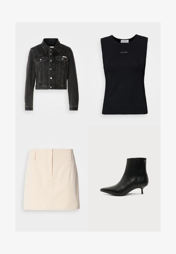 Sort cropped denimjakke med knaplukning, to brystlommer og spids krave. Har sølvfarvet hardware og en falmet tekstur.; Sort ærmeløs top lavet af glat stof. Har en rund halsudskæring og et lille Calvin Klein-logo i midten. Simpelt og tætsiddende design.; Calvin Klein Jeans SKIRT - A-snit nederdel - fog; Sort læder ankelstøvle med spids tå og lav kitten hæl på lys baggrund, der viser yderside.
