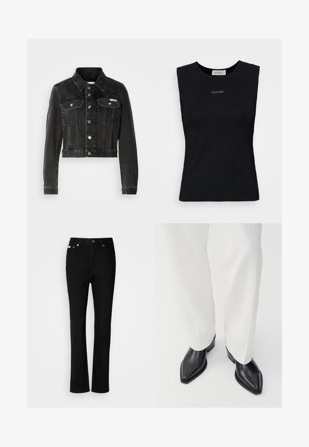 Mustmust värviline denim jakk nööbiga esiosal, kahe rinnataskuga ja terava kaelusega. Omab hõbedatooni riideid ja tuhmunud tekstuuri.; Must suletud tipp, mis on valmistatud siledast kangast. Omab ümmargust kaelust ja keskel väikest Calvin Kleini logo. Lihtne ja järgnev disain.; Mustad sirge lõikega teksapüksid, millel on ees nööp ja lukk, vöökohal vööaasad ning viieTasku disain.; Mustad mustad varbaga saapad, millel on sile nahkviimistlus ja madalad plokknukid, koos valgete laia jala pükstega. Lihtne ja kaasaegne disain.