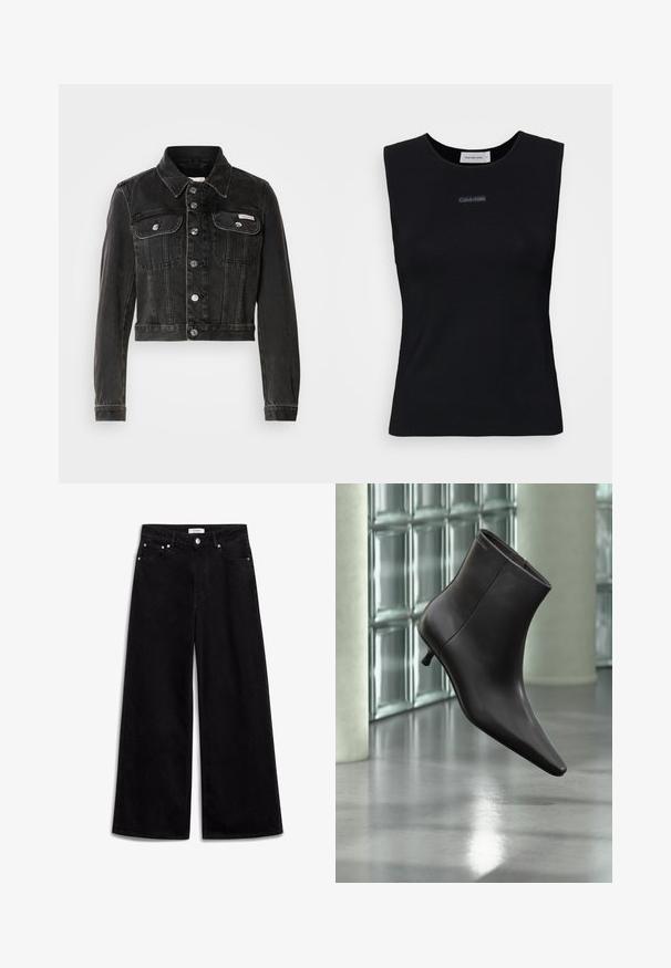 Zwarte cropped denimjacket met knoopsluiting, twee borstzakken en puntige kraag. Heeft rigide zilverkleurige accenten en een vervaagde textuur.; Zwart mouwloos topje gemaakt van gladde stof. Heeft een ronde halslijn en een klein Calvin Klein-logo in het midden. Eenvoudig en aansluitend ontwerp.; Zwarte wijde jeans gemaakt van denim, met een hoge taille, vijf zakken en zilveren hardware accenten. Soepele textuur, strakke ontwerp.; Zwarte leren enkellaars met puntige neus en lage hak, afgebeeld tegen een glazen blokkenmuur en gepolijste vloer op de achtergrond.