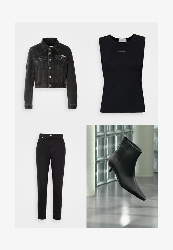 Mustmust värviline denim jakk nööbiga esiosal, kahe rinnataskuga ja terava kaelusega. Omab hõbedatooni riideid ja tuhmunud tekstuuri.; Must suletud tipp, mis on valmistatud siledast kangast. Omab ümmargust kaelust ja keskel väikest Calvin Kleini logo. Lihtne ja järgnev disain.; Mustad kõrge vöökohaga kitsad teksad esiseppide, vöökummide ja viie taskuga disainiga valgel taustal.; Mustast nahast pahkluu saabas terava varbaotsaga ja madala Kitsuki kontsaga, kuvatud nurga alt läikiva põranda ja klaasplokkseinaga taustal.