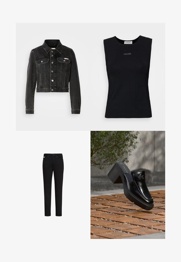 Mustmust värviline denim jakk nööbiga esiosal, kahe rinnataskuga ja terava kaelusega. Omab hõbedatooni riideid ja tuhmunud tekstuuri.; Must suletud tipp, mis on valmistatud siledast kangast. Omab ümmargust kaelust ja keskel väikest Calvin Kleini logo. Lihtne ja järgnev disain.; Mustad kitsad teksapüksid ees nupuga ja tõmblukuga, esikülje ja tagakülje taskud ning väike silt paremal esimesel taskul.; Mustast nahast Calvin Kleini slip-on mules, millel on plokk-konts, toetub puitplaatidele õues, lähedal rohelisele taimele ja hallile seinale.