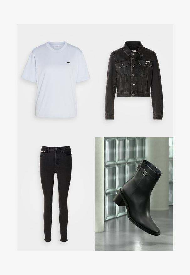 Schwarze, verkürzte Jeansjacke mit Knopfleiste, zwei Brusttaschen und spitzem Kragen. Verfügt über eine silberfarbene Hardware und eine verblasste Textur.; Lacoste T-Shirt basic - phoenix blue; Schwarze Skinny-Jeans aus Denim mit glatter Textur, ausgestattet mit Fünf-Taschen-Design, Gürtelschlaufen und Metallknopfverschluss.; Schwarzer Lederknöchelstiefel mit niedrigem Blockabsatz und dekorativem Riemen, gezeigt in einem modernen, minimalistischen Innenraum.